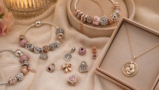 Collection of Pandora charm bracelets and a Momavo message card necklace, symbolizing sentimental family gifts.