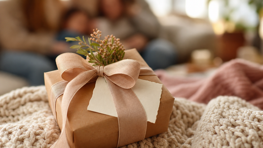 Thoughtful gift box with message card, symbolizing unspoken emotions and family connection.