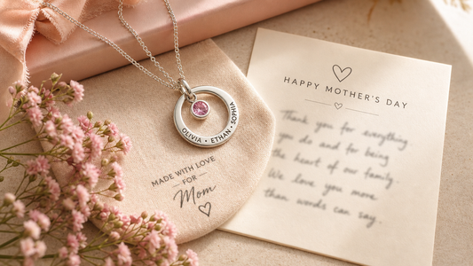 Custom Mother's Day jewelry with a birthstone pendant and heartfelt message card, ready for gifting.