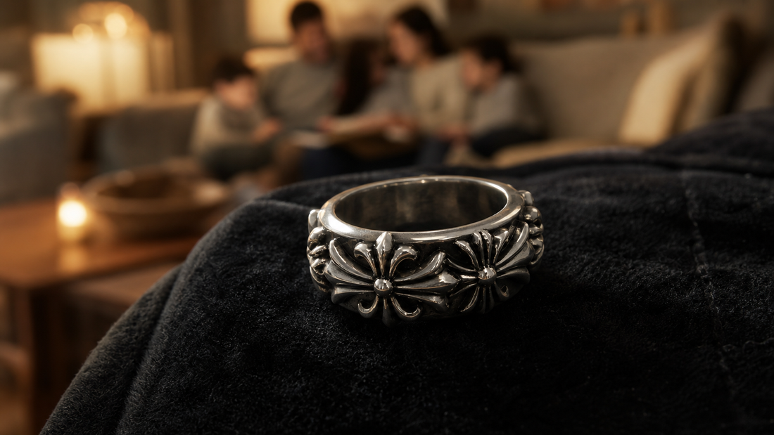 Close-up of a detailed sterling silver Chrome Hearts-style ring on dark velvet, symbolizing unique style and meaningful gifting.