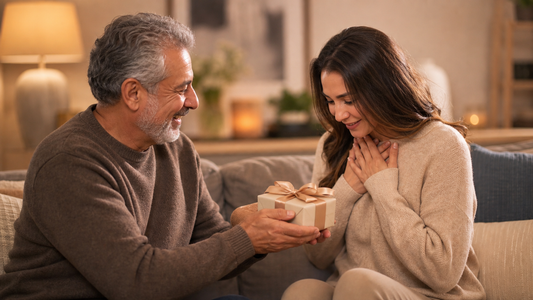 Father giving a sentimental gift to his daughter, representing love expressed without words and strengthening family bonds.