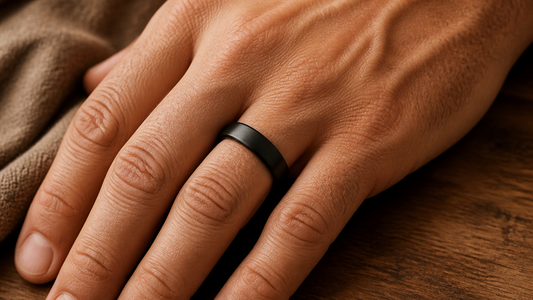Man wearing a sleek, matte black wedding band on his left ring finger