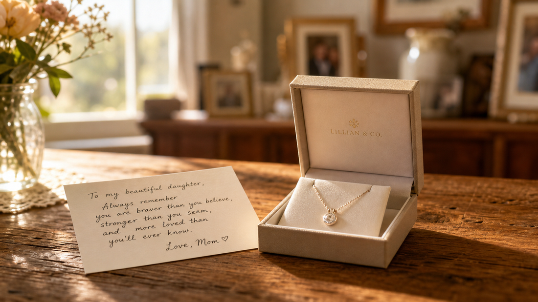 A sentimental necklace in an open jewelry box with a handwritten message card, symbolizing unspoken emotions and heartfelt family connections.
