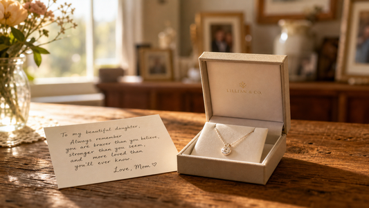 A sentimental necklace in an open jewelry box with a handwritten message card, symbolizing unspoken emotions and heartfelt family connections.