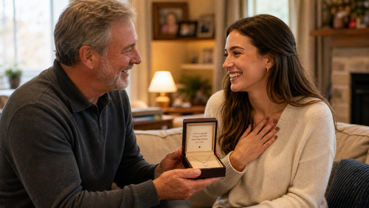 Father gifting sentimental jewelry with a message card to his daughter, strengthening their bond.