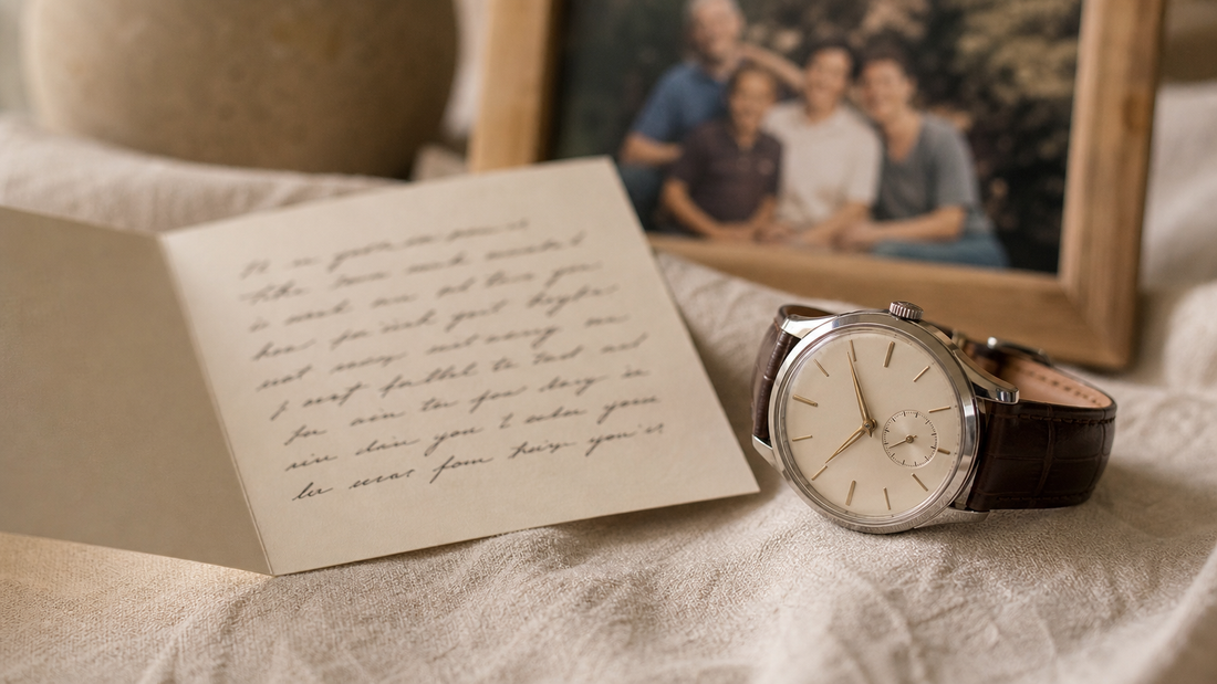Classic men's watch and a heartfelt message card, symbolizing thoughtful gifting and family connection.