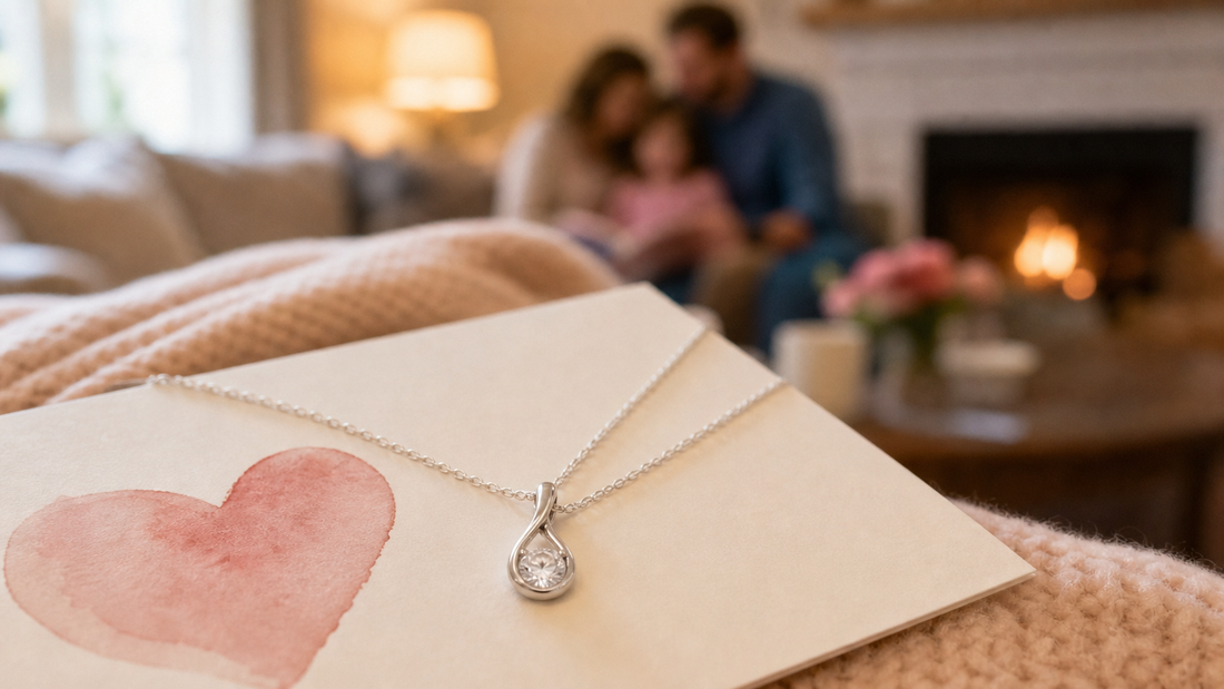 Delicate silver pendant necklace on a heartfelt message card, symbolizing family love and connection.