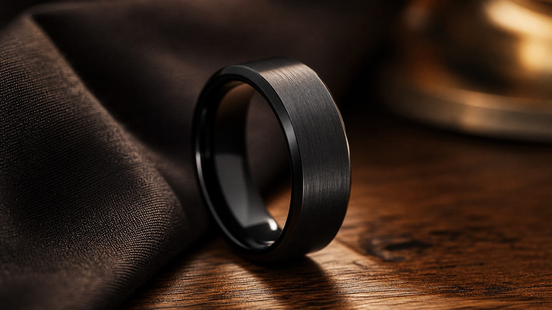 Elegant black wedding ring for men on a dark, soft surface