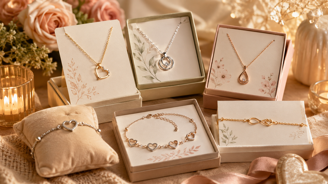Collection of delicate jewelry with emotional message cards from Momavo Jewelry