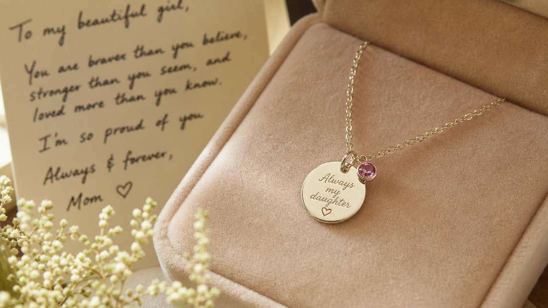 Delicate personalized daughter necklace with engraved message and birthstone on a velvet cushion