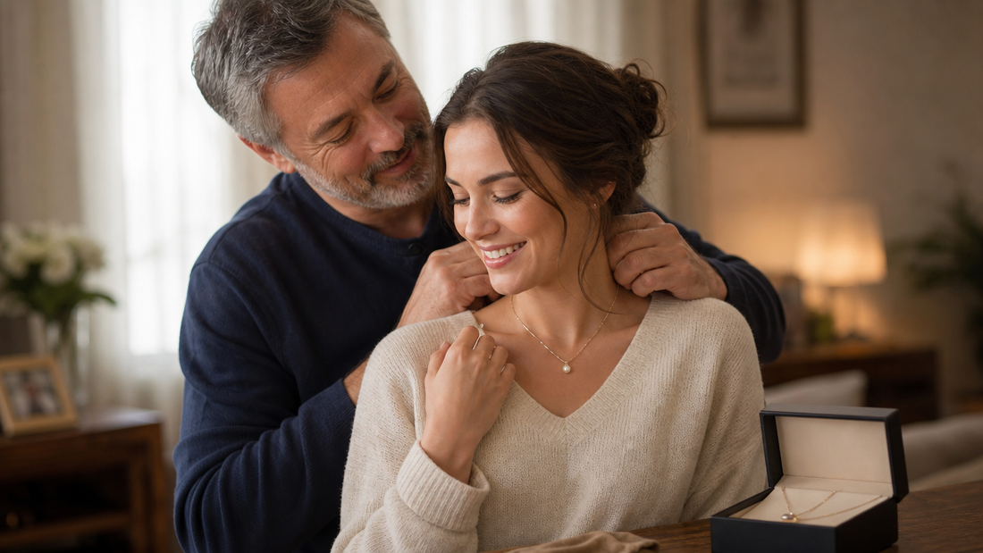 A father and adult daughter sharing an emotional moment, with a message card jewelry box subtly visible, symbolizing strengthened family bonds.