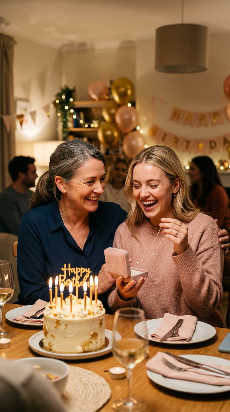 Mother and daughter sharing a birthday moment opening a jewelry gift box with cake and decorations