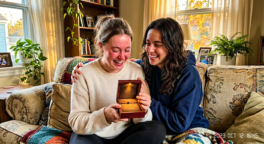 Two sisters sharing a genuine moment opening a jewelry gift box — birthday gifts for sister from Momavo