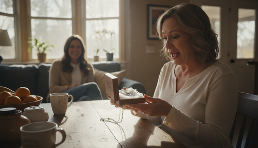 Mom opening personalized birthstone necklace gift on Mother's Day with tears of joy, candid family moment
