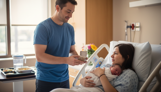 New mom holding jewelry gift box after C-section birth, candid iPhone photo