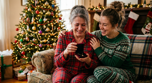 Daughter giving mom a jewelry gift on Christmas morning