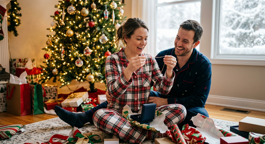 Husband and wife on Christmas morning opening a jewelry gift box by the tree