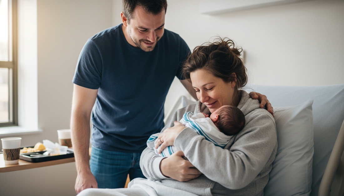 New mom holding newborn baby, husband watching with emotional proud expression, candid authentic family moment