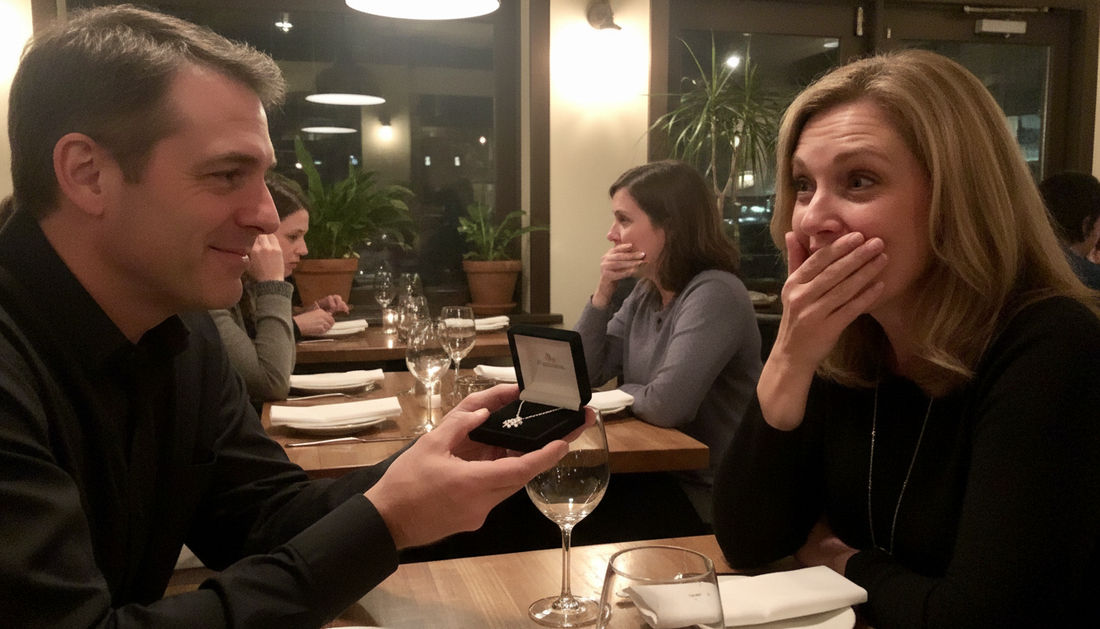 Husband surprising wife with jewelry gift box at birthday dinner