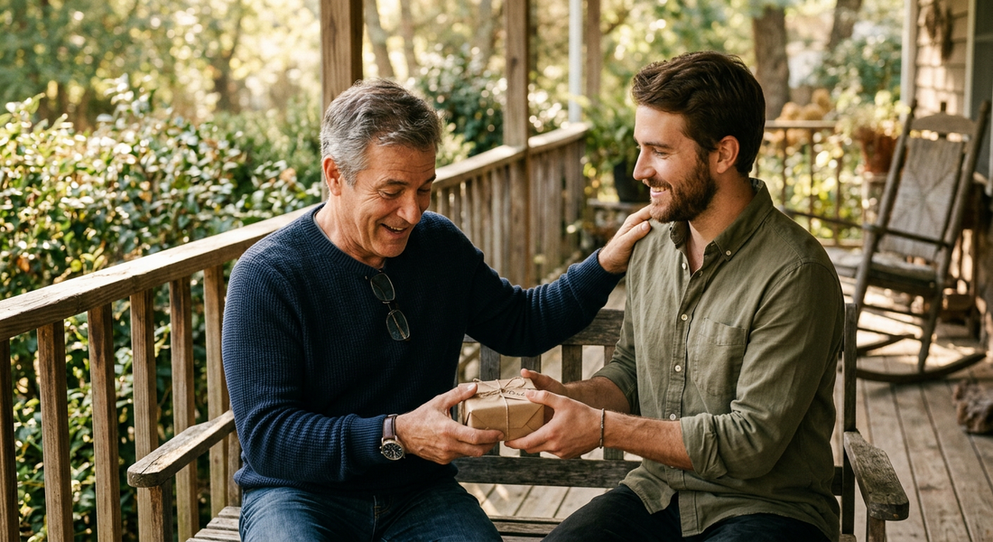 Father's Day gift from son — father and adult son sharing a moment on the porch
