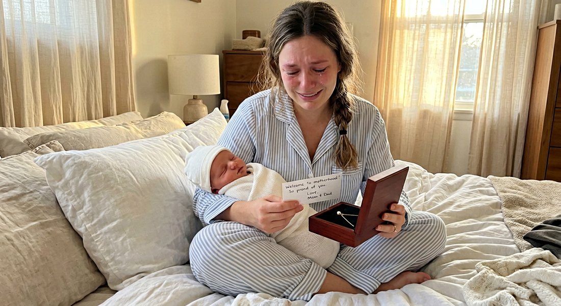 New mom reading a card from a jewelry gift box on her first Mother's Day — Momavo