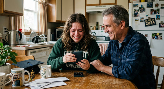 Dad and daughter at kitchen table opening graduation gift, emotional moment