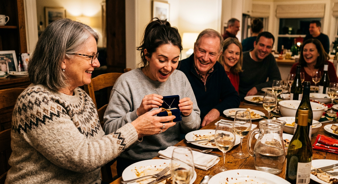 Mother in law giving jewelry gift to daughter in law at family dinner