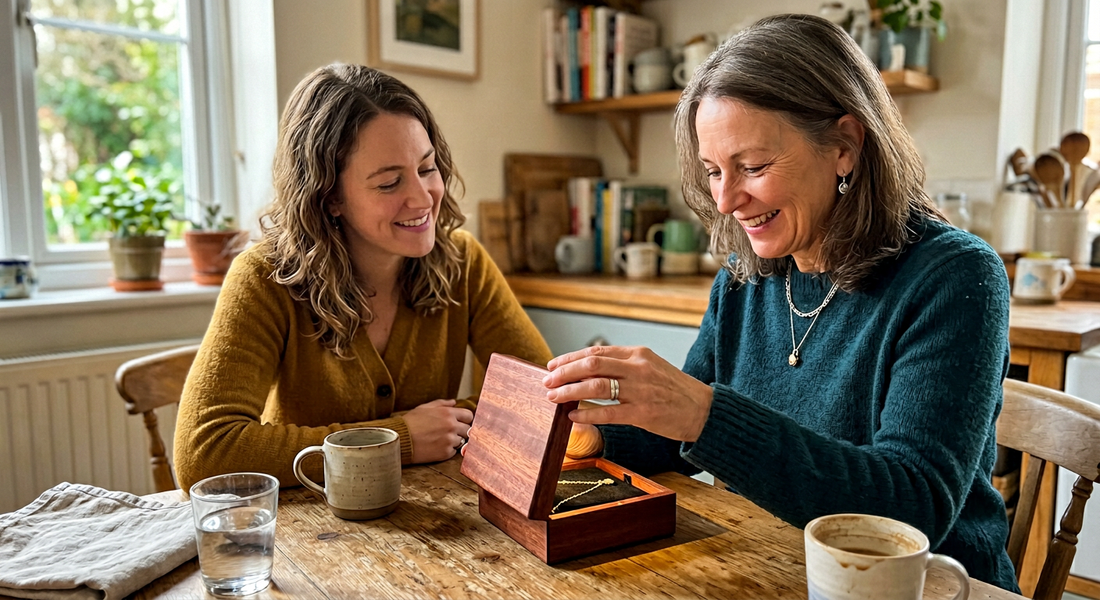 Woman opening a glowing mahogany gift box — gifts for mother in law from Momavo