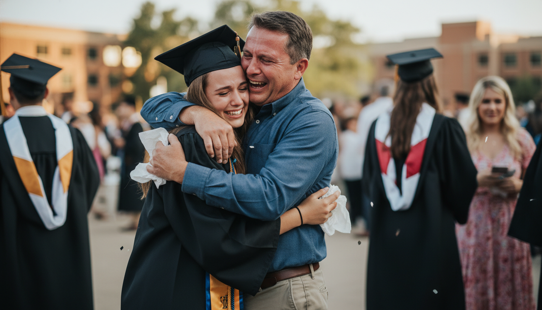 Dad hugging daughter in graduation cap and gown, both laughing and crying, candid outdoor photo