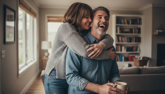 Adult daughter hugging her dad from behind, dad laughing with surprise and joy on Father's Day