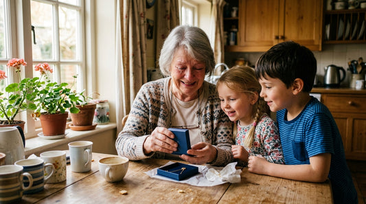 Grandmother receiving a sentimental jewelry gift from grandkids on Mother's Day morning, candid moment