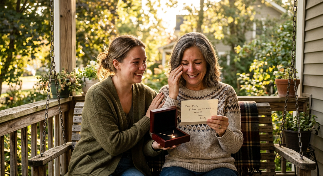 Mother and daughter sharing an emotional moment with a jewelry gift box — Mother's Day gifts from daughter, Momavo