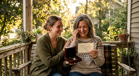 Mother and daughter sharing an emotional moment with a jewelry gift box — Mother's Day gifts from daughter, Momavo