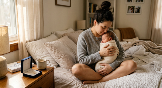 New mom holding newborn with jewelry gift box — push present ideas from Momavo