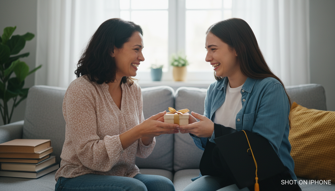 Mother and daughter sharing a graduation gift moment