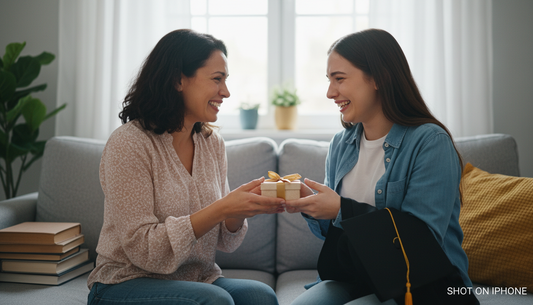 Mother and daughter sharing a graduation gift moment