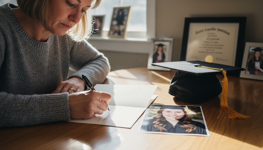 Mother writing a heartfelt message in her daughter's graduation card, tears of pride, authentic moment captured with natural lighting