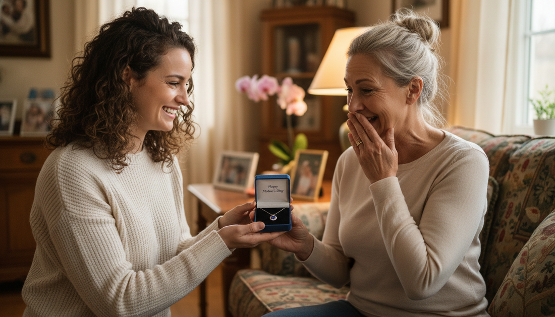 Daughter surprising mom with a sentimental Mother's Day jewelry gift, candid iPhone photo