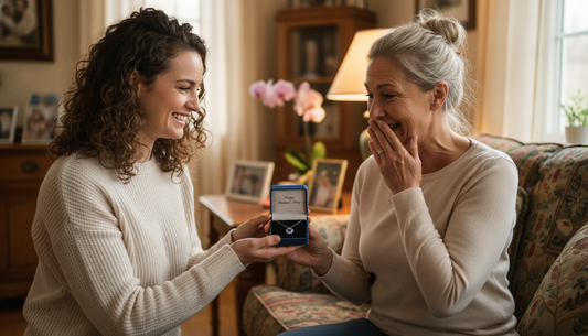 Daughter surprising mom with a sentimental Mother's Day jewelry gift, candid iPhone photo