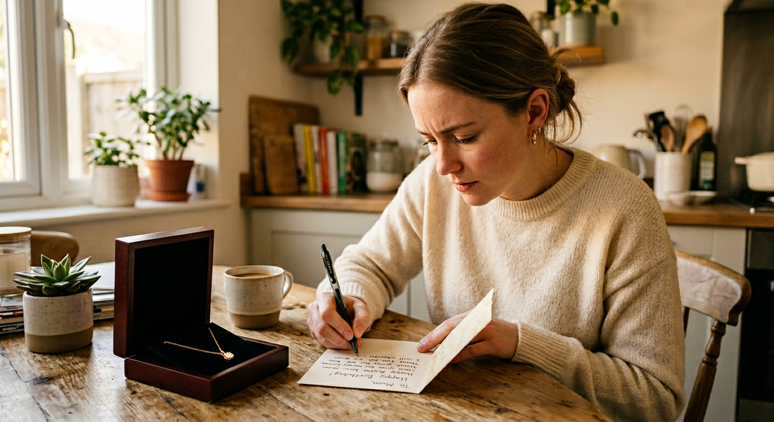 Daughter writing a heartfelt Mother's Day card beside a glowing jewelry gift box — Momavo