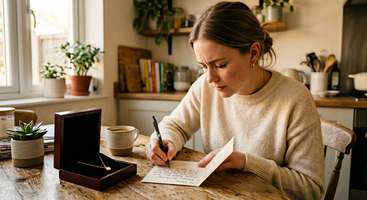 Daughter writing a heartfelt Mother's Day card beside a glowing jewelry gift box — Momavo