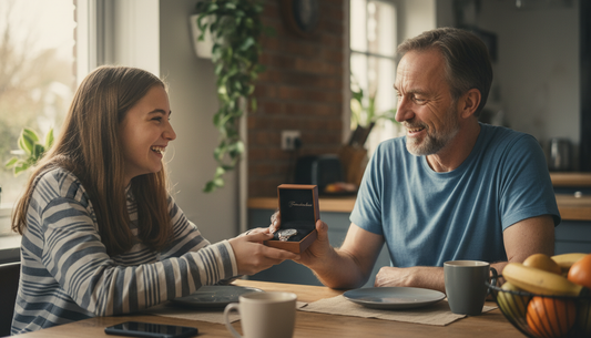 Daughter handing open wooden jewelry gift box to her dad at kitchen table, both smiling warmly