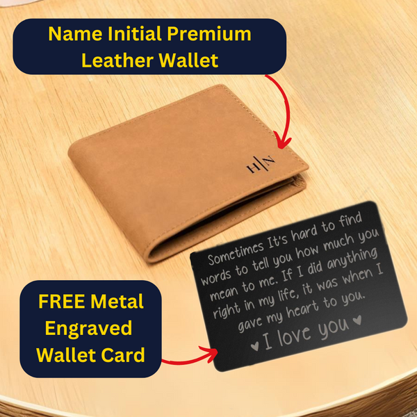 Name Initials - Leather Wallet (w/ FREE Metal Wallet Card)