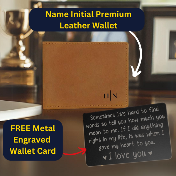 Name Initials - Leather Wallet (w/ FREE Metal Wallet Card)