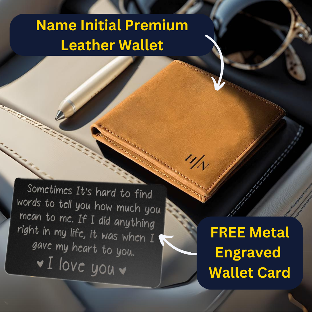 Name Initials - Leather Wallet (w/ FREE Metal Wallet Card)