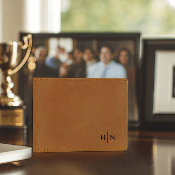 Name Initials - Leather Wallet (w/ FREE Metal Wallet Card)