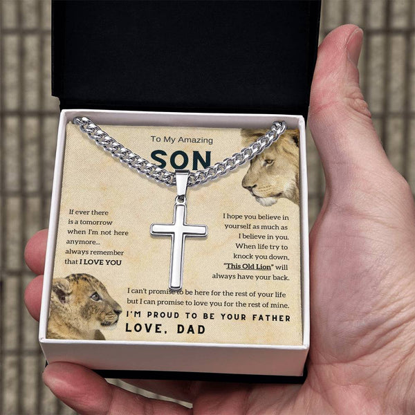 To My Son , Cross Necklace , Son Gift from Dad , Son Gift , Cuban chain, Lion Dad , Meaningful Message