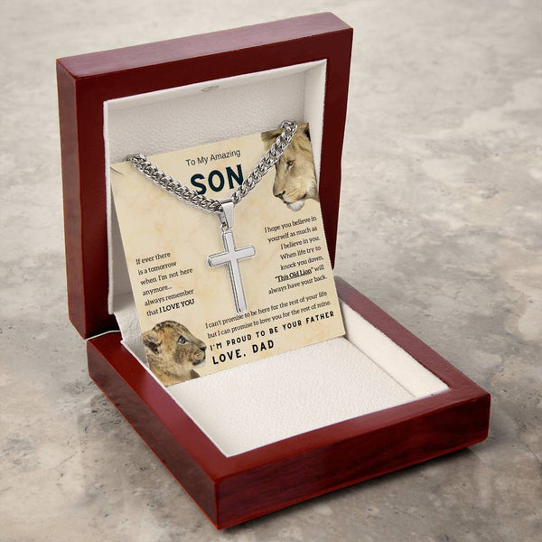 To My Son , Cross Necklace , Son Gift from Dad , Son Gift , Cuban chain, Lion Dad , Meaningful Message