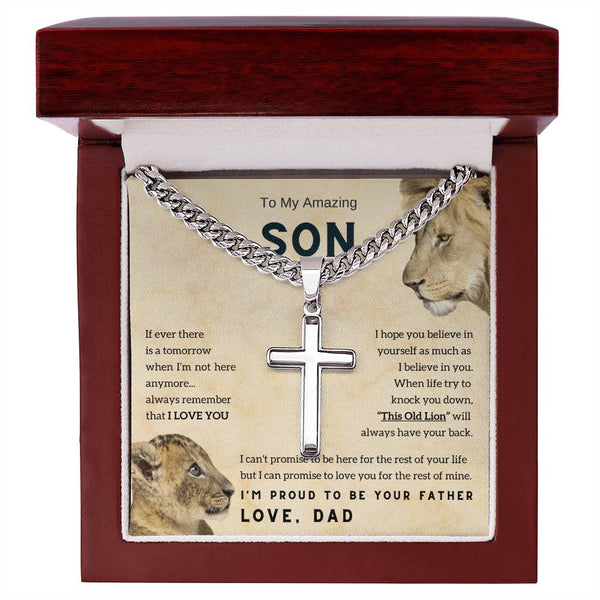 To My Son , Cross Necklace , Son Gift from Dad , Son Gift , Cuban chain, Lion Dad , Meaningful Message