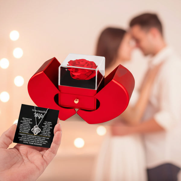 To My Beautiful Wife, I squeezed this necklace really tight and filled it with my love - Red Heart Rose Box